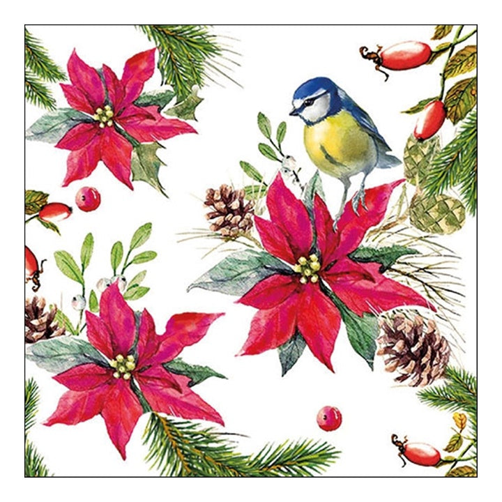 Tovaglioli eco per decoupage Bird on Poinsettia - 1 pezzo