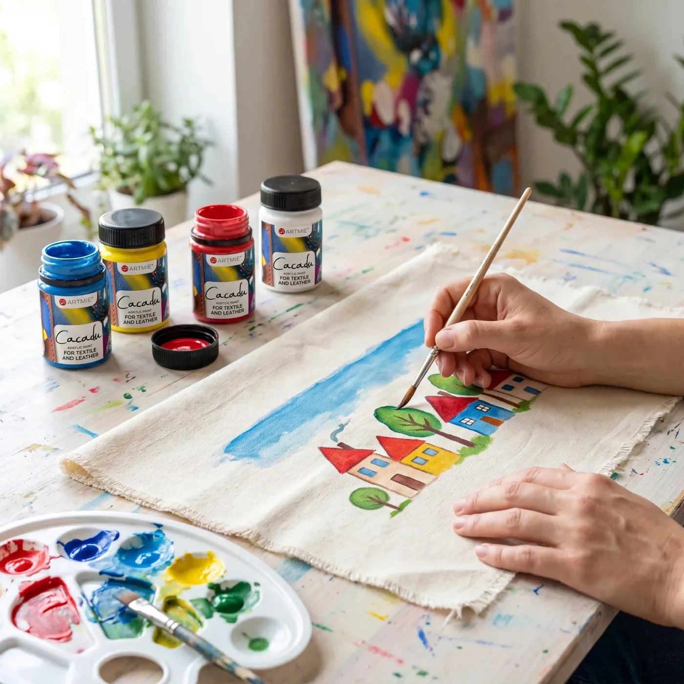Pittura di casette colorate con colori Cacadu su tessuto di cotone