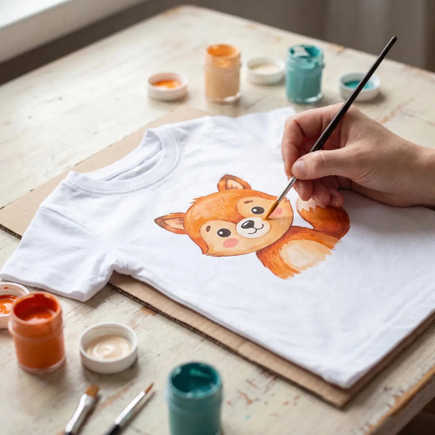 Volpe fiabesca dipinta con colori per tessuto su una t-shirt per bambini