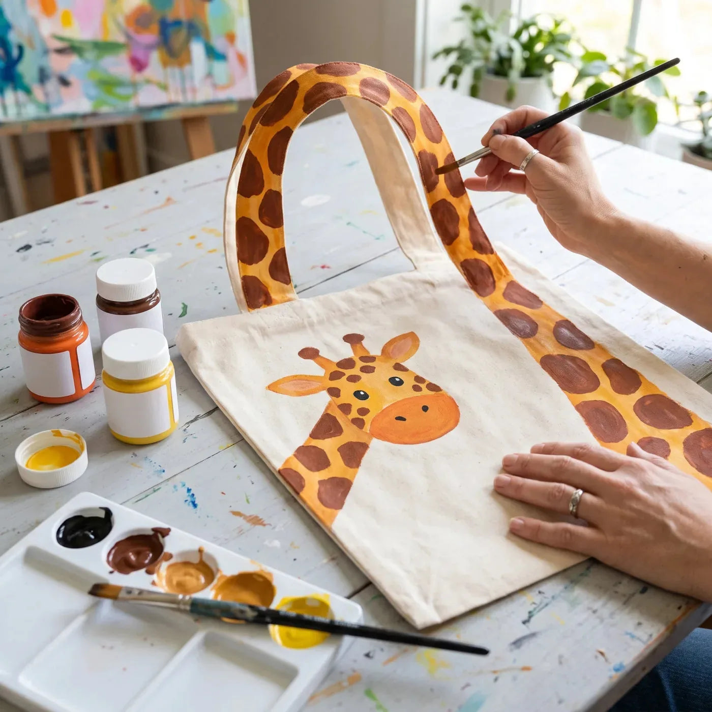 Giraffa dipinta con colore per tessuto su una borsa di tela — il collo dipinto lungo il manico