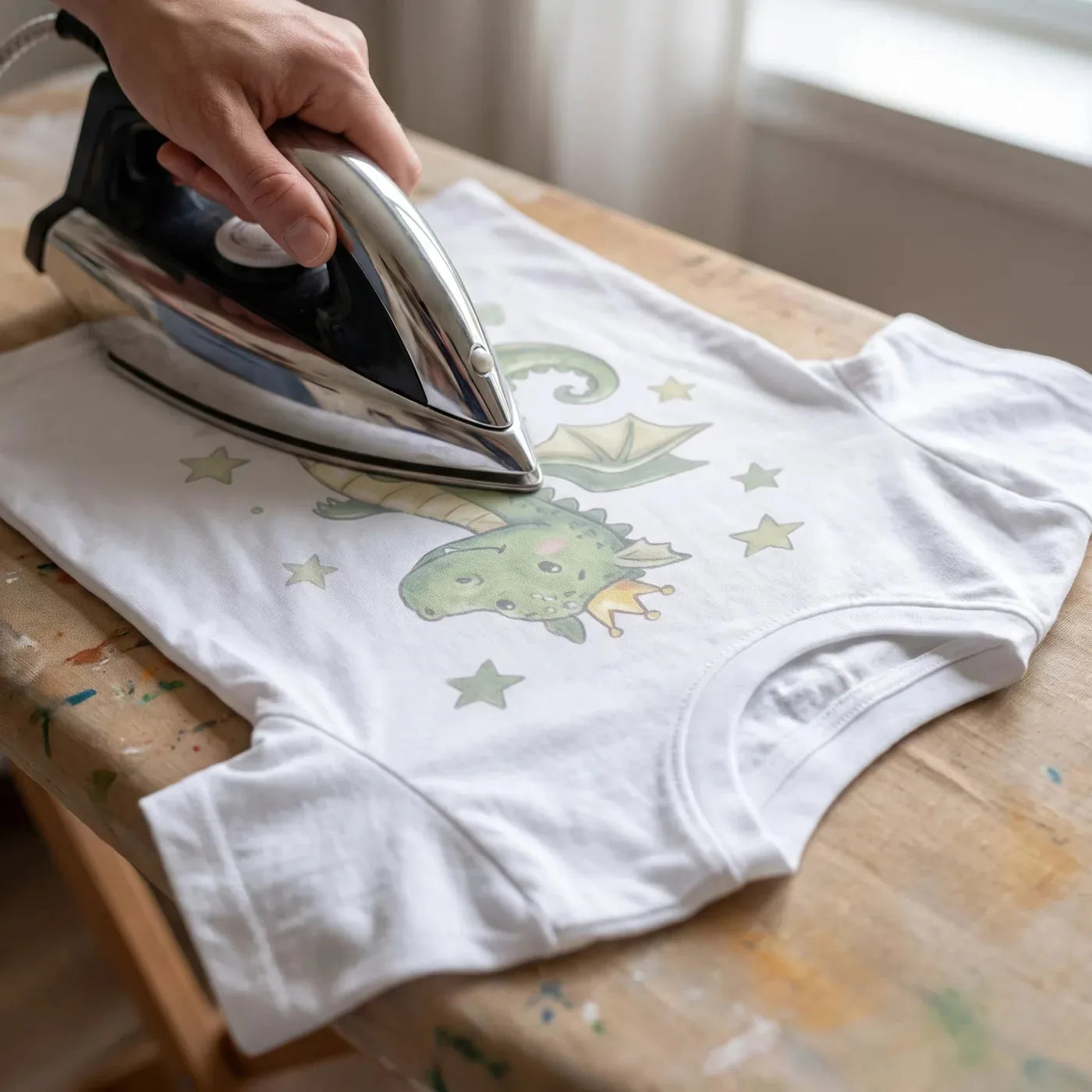 Fissaggio del motivo del drago con il ferro dal rovescio della t-shirt rivoltata