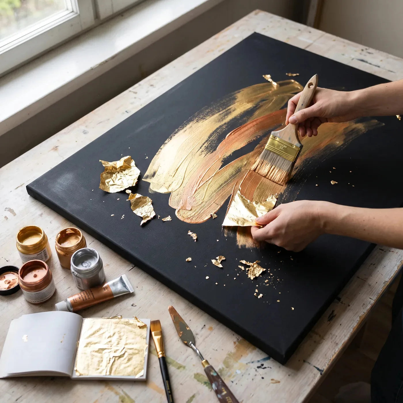 Pittura con acrilico metallizzato e applicazione della foglia d'oro su tela nera PROFI ARTMIE