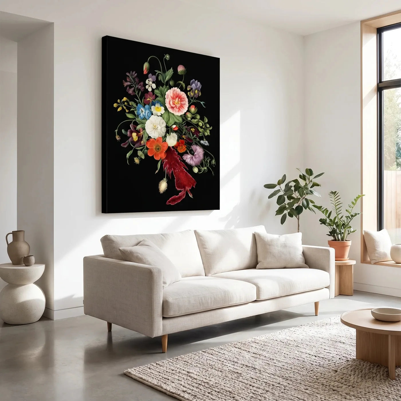 Quadro di grande formato su tela nera PROFI sopra il divano del soggiorno
