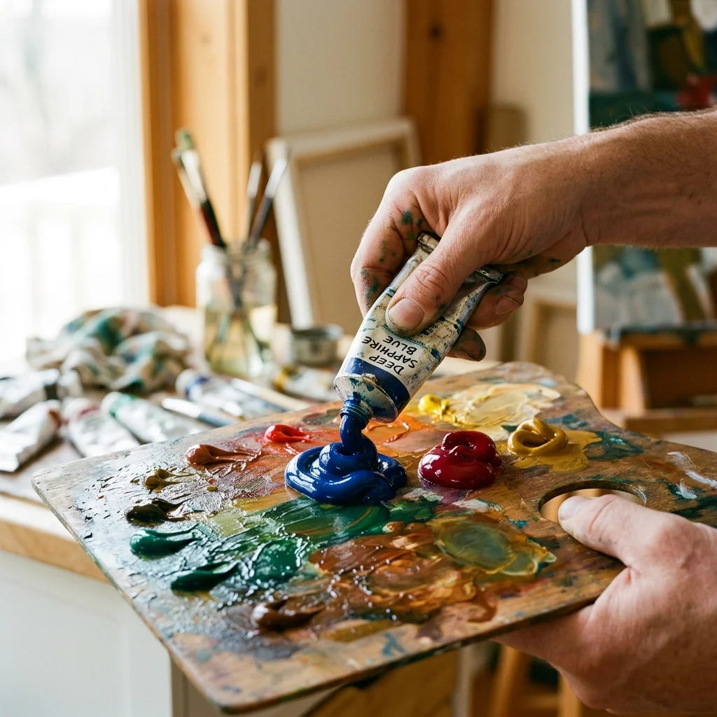 Spremere i colori a olio sulla tavolozza