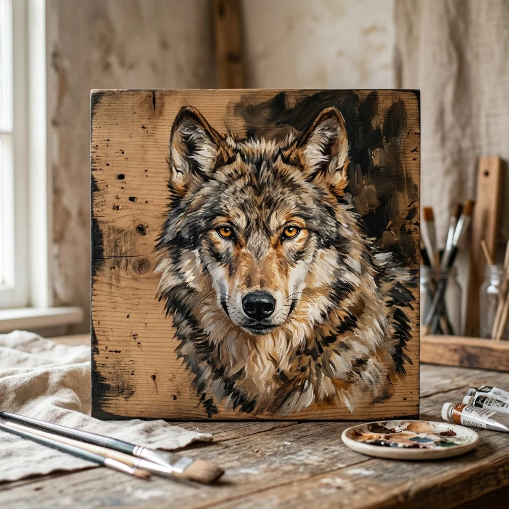 Lupo dipinto con acrilico su tavola di legno — El Greco