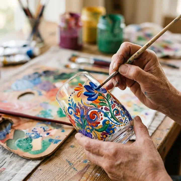 Dipingere un motivo colorato su un bicchiere con acrilico
