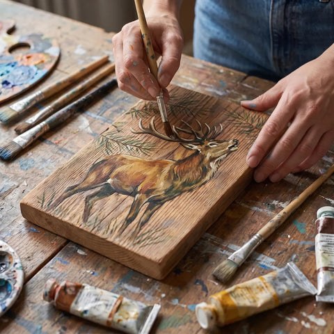 Cervo dipinto con il pennello con colori acrilici ARTMIE Euforia su una tavola di legno
