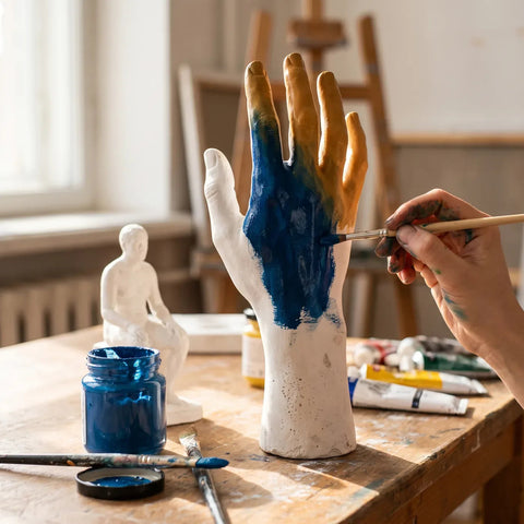 Pittura di un calco in gesso di una mano con vernice acrilica ARTMIE Euforia