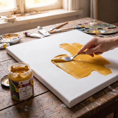 Applicazione di acrilico ARTMIE Euforia con la spatola su tela — tecnica impasto