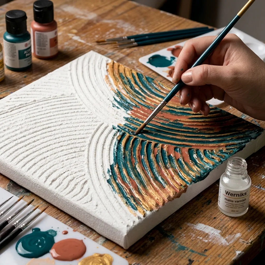 Pittura del rilievo asciutto con acrilico e finitura con vernice