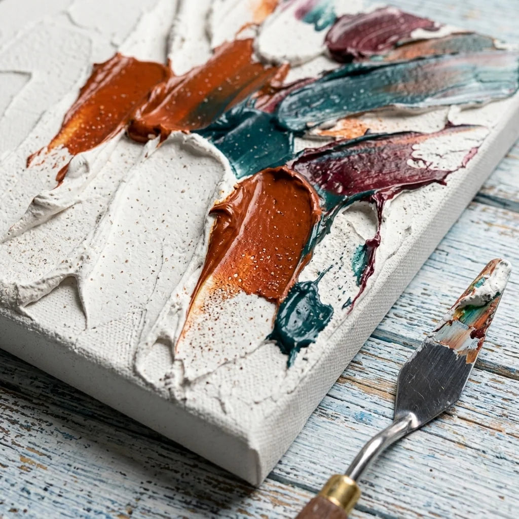 Texture impasto con pasta 3D — accenti colorati su rilievi spessi