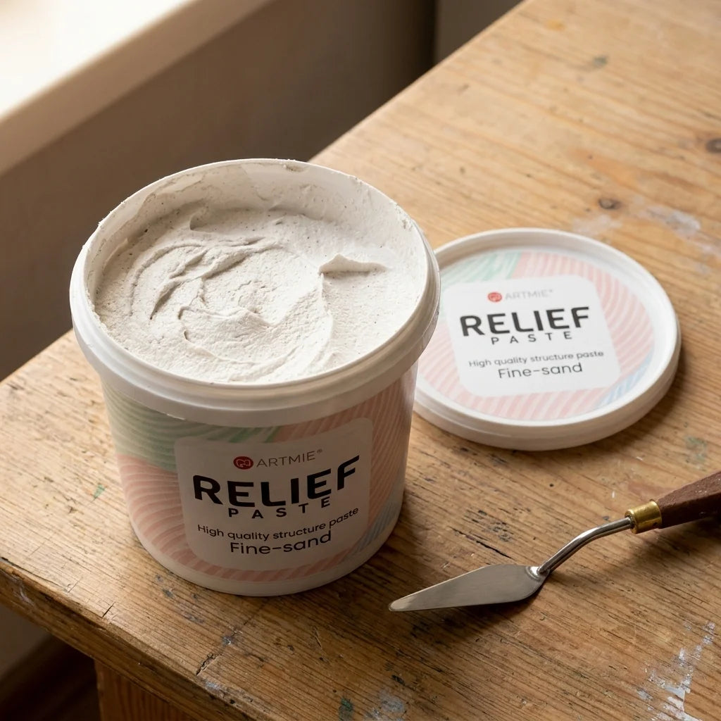 Confezione aperta di ARTMIE Relief Paste — visibile la struttura sabbiosa della pasta all'interno