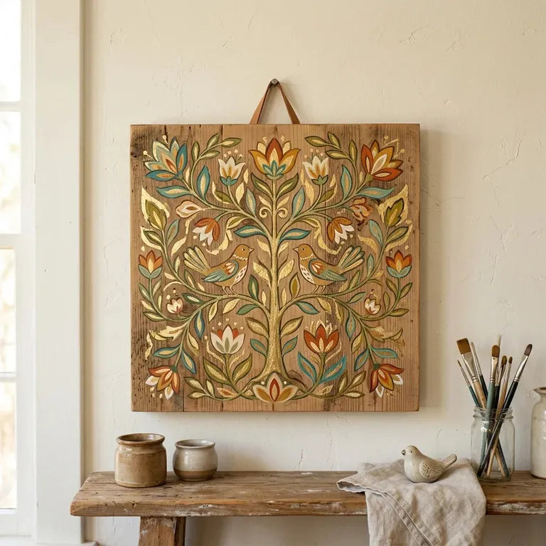 Elemento in legno decorato con colori acrilici e oro metallizzato