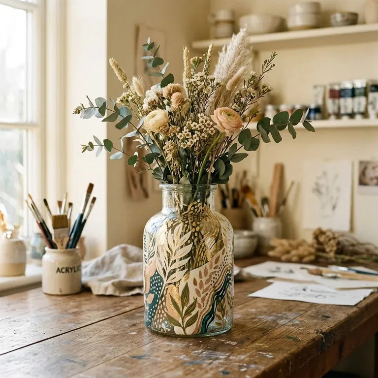Vaso in vetro decorato con colori acrilici e oro