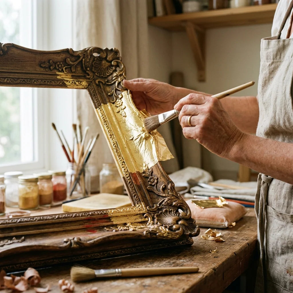 Doratura di una cornice decorativa con foglia d'oro