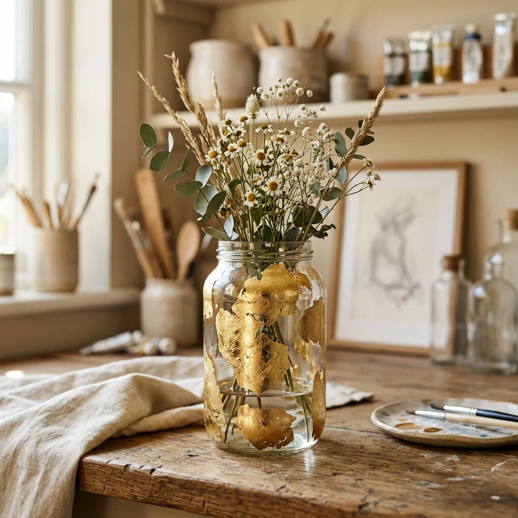 Contenitore di vetro con foglie d'oro
