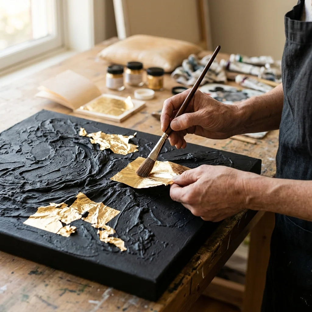 Artista applica la foglia d'oro su una texture nera sulla tela