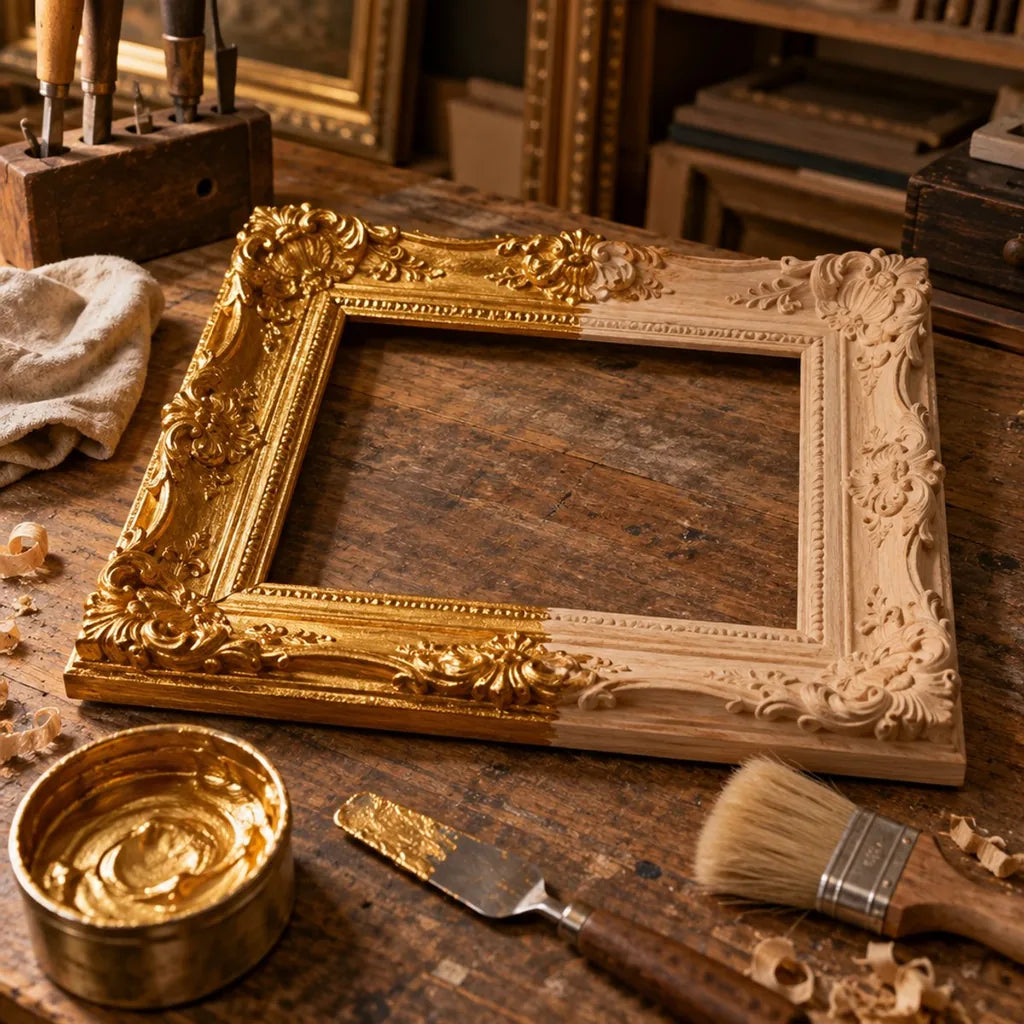 Cornice in legno intagliato dorata per metà con la pasta liquida ARTMIE MIDAS