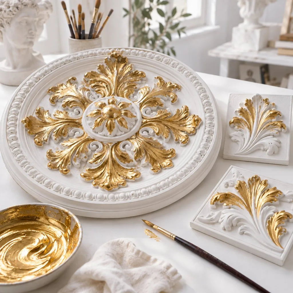 Rosone in gesso con dettagli dorati con la pasta ARTMIE MIDAS