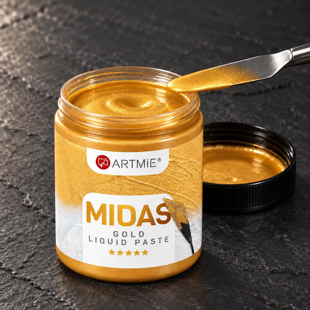 Barattolo aperto di ARTMIE MIDAS — pasta metallica liquida oro con lucentezza visibile all’interno