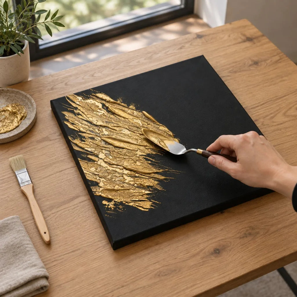 Applicazione della pasta liquida dorata ARTMIE MIDAS con la spatola su tela nera