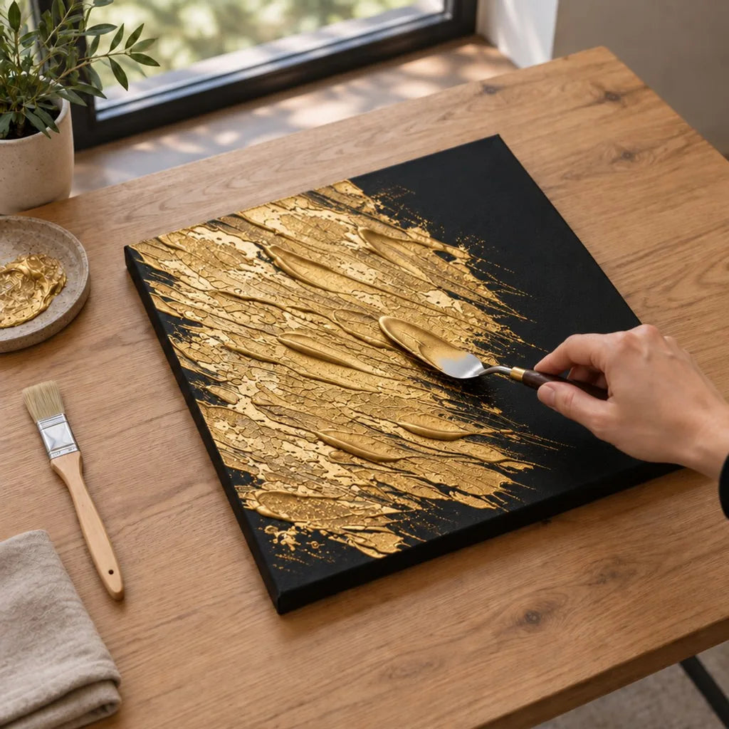 Modellazione della texture nella pasta dorata ARTMIE MIDAS ancora bagnata — segno visibile della spatola