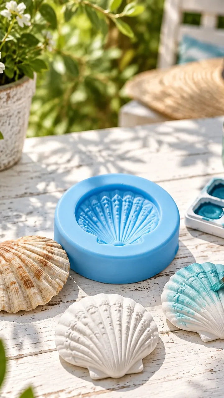 Conchiglia, lo stampo in silicone azzurro ricavato da essa e conchiglie in gesso dipinte ad acquerello su un tavolo da giardino