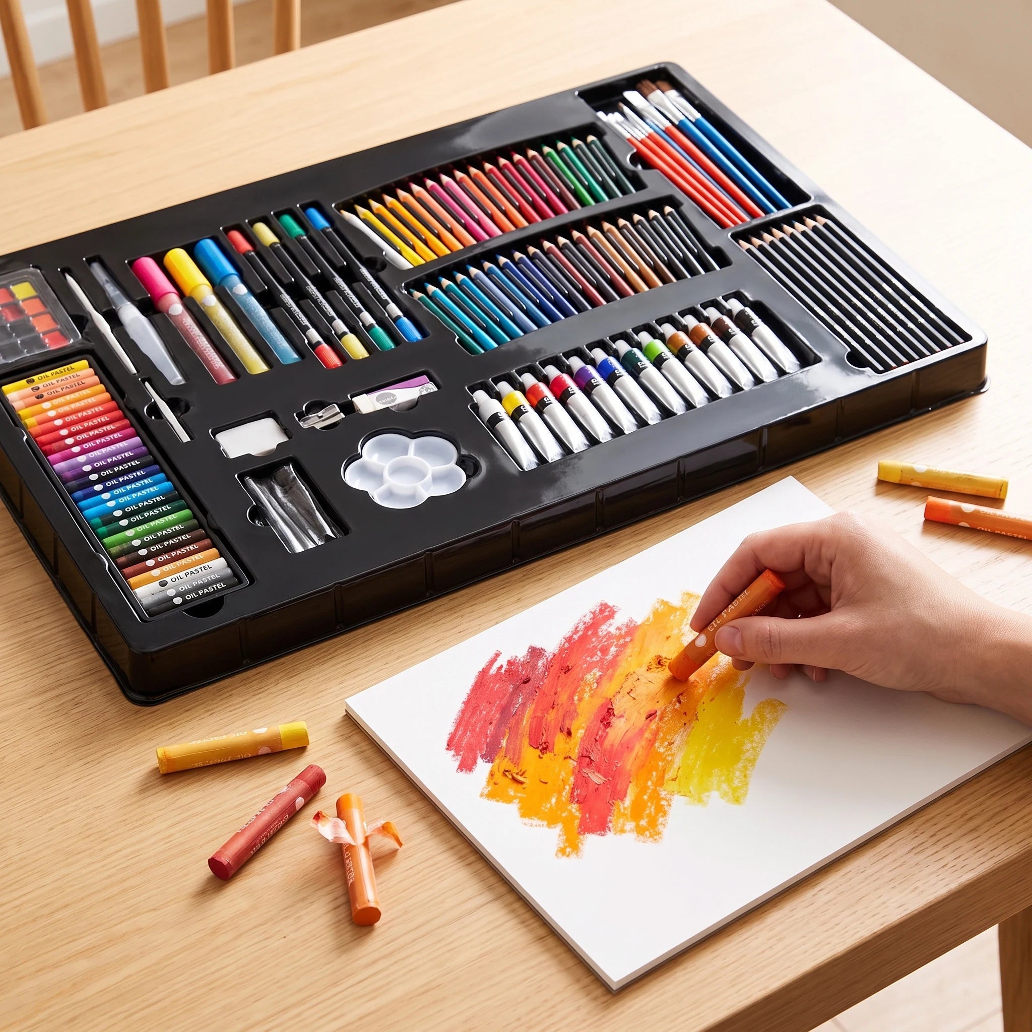 Set artistico Daler-Rowney aperto con 215 pezzi e disegno con pastelli a olio