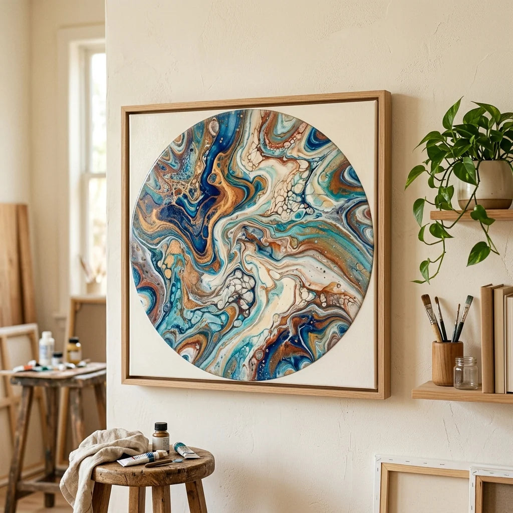 Dipinto fluid art astratto appeso alla parete