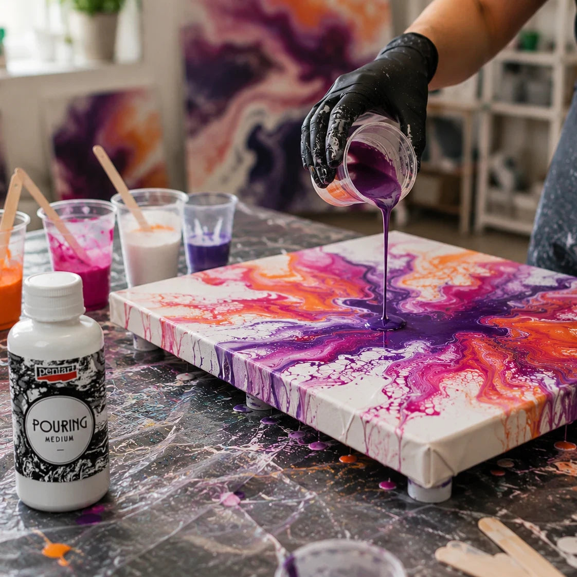 Colata di colore acrilico con medium Pentart sulla tela