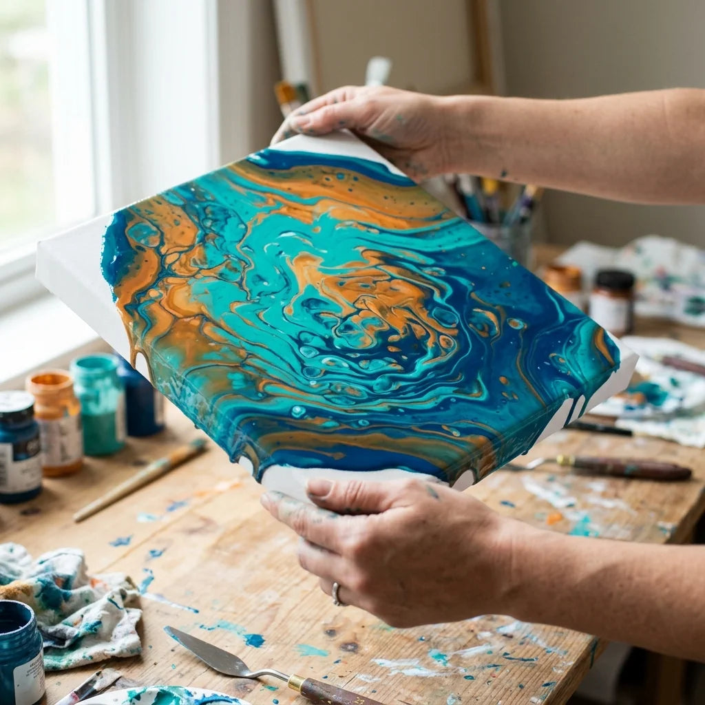 Inclinazione della tela per distribuire il colore liquido