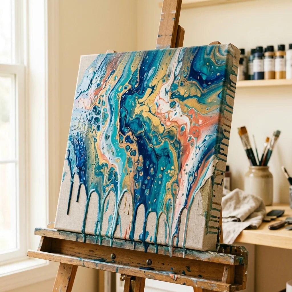 Pouring che scorre oltre i bordi della tela da pittura