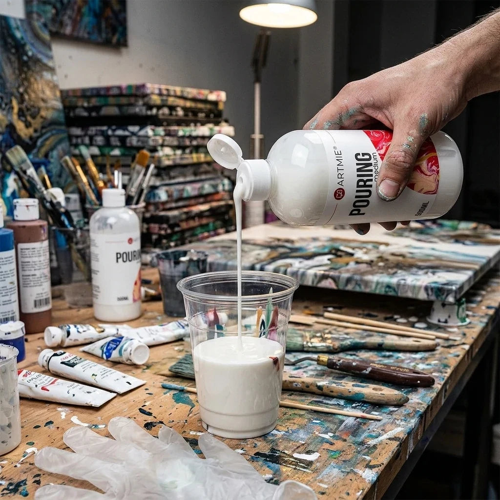 Versamento del medium bianco per pouring ARTMIE dal flacone da 500 ml nel bicchiere