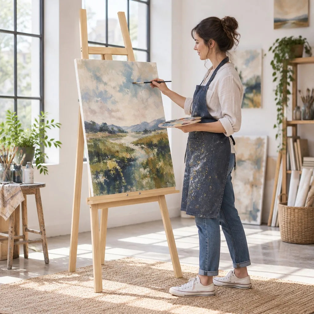 Pittrice al cavalletto accademico ACADEMY in legno massello di faggio in un atelier luminoso