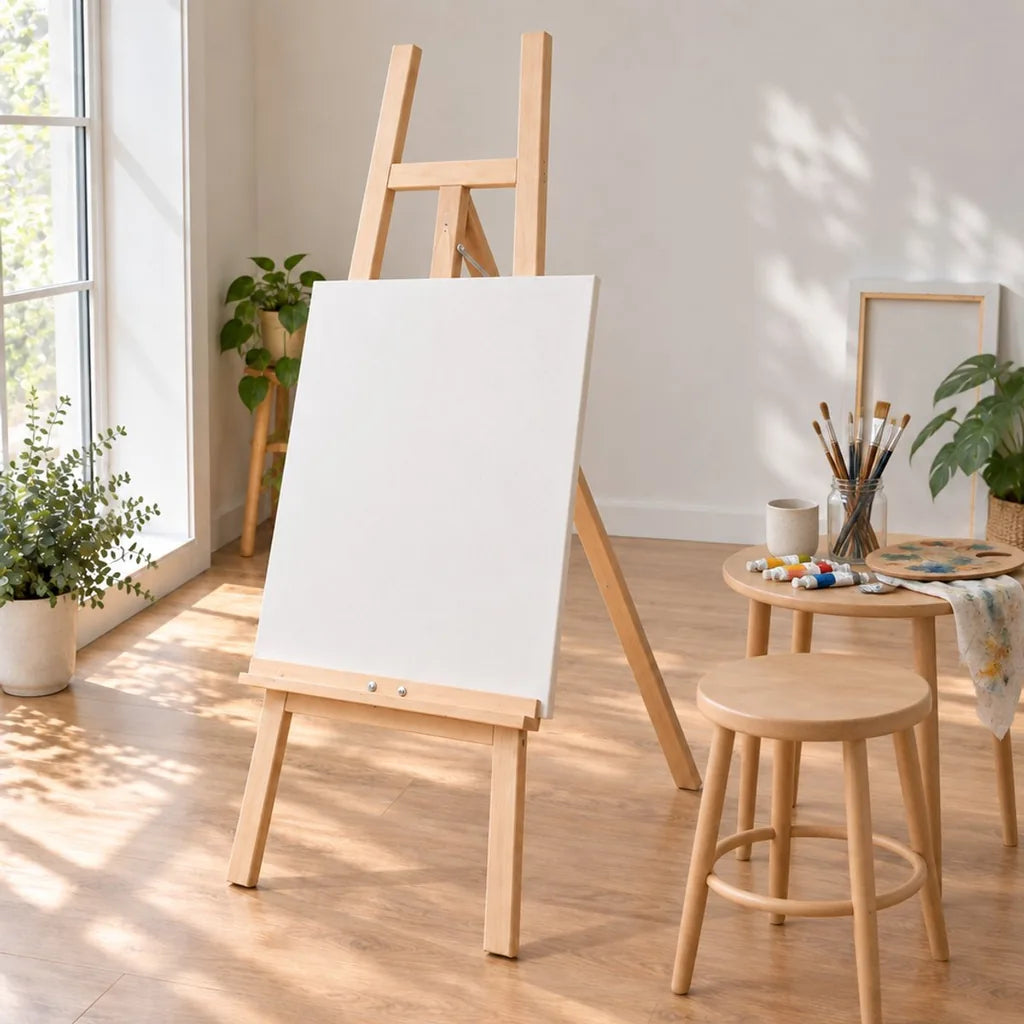 Postazione di pittura pronta con il cavalletto ACADEMY e una tela